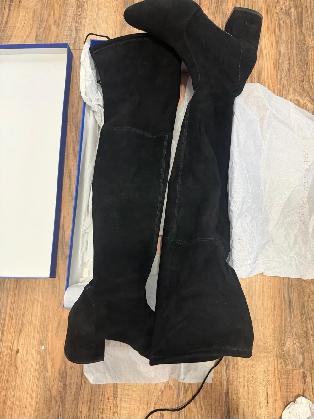 Stuart Weitzman Black Suede Over-the-Knee Block Heel Boots